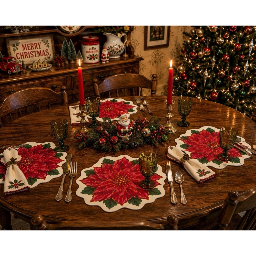 Vintage Kmart Trim A Home Poinsettia Christmas Placemats Set of 4 Die Cut